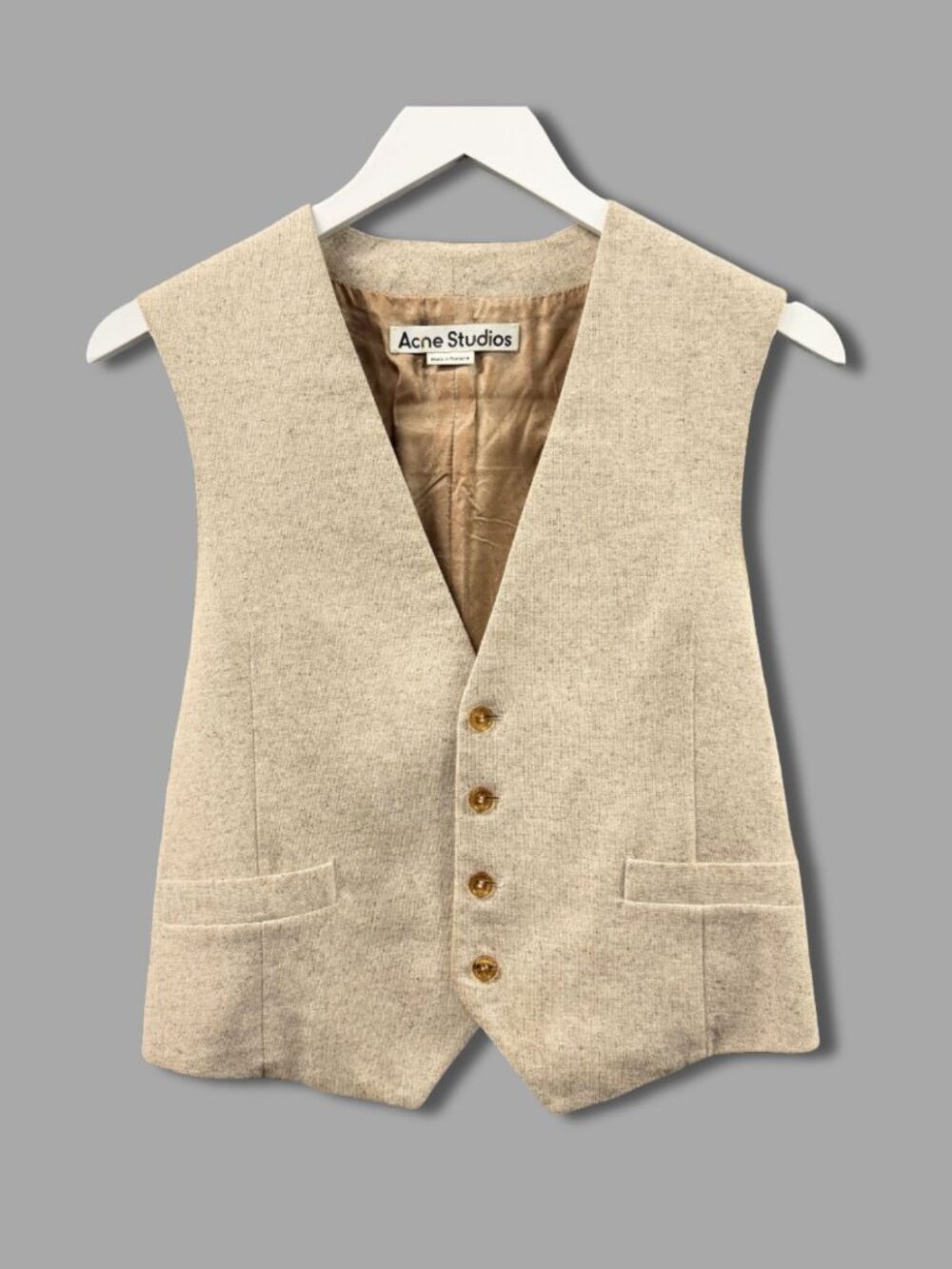 ACNE STUDIOS AW19 Beige Melange Wool Blend Gold Logo Print Back Waistcoat Vest S